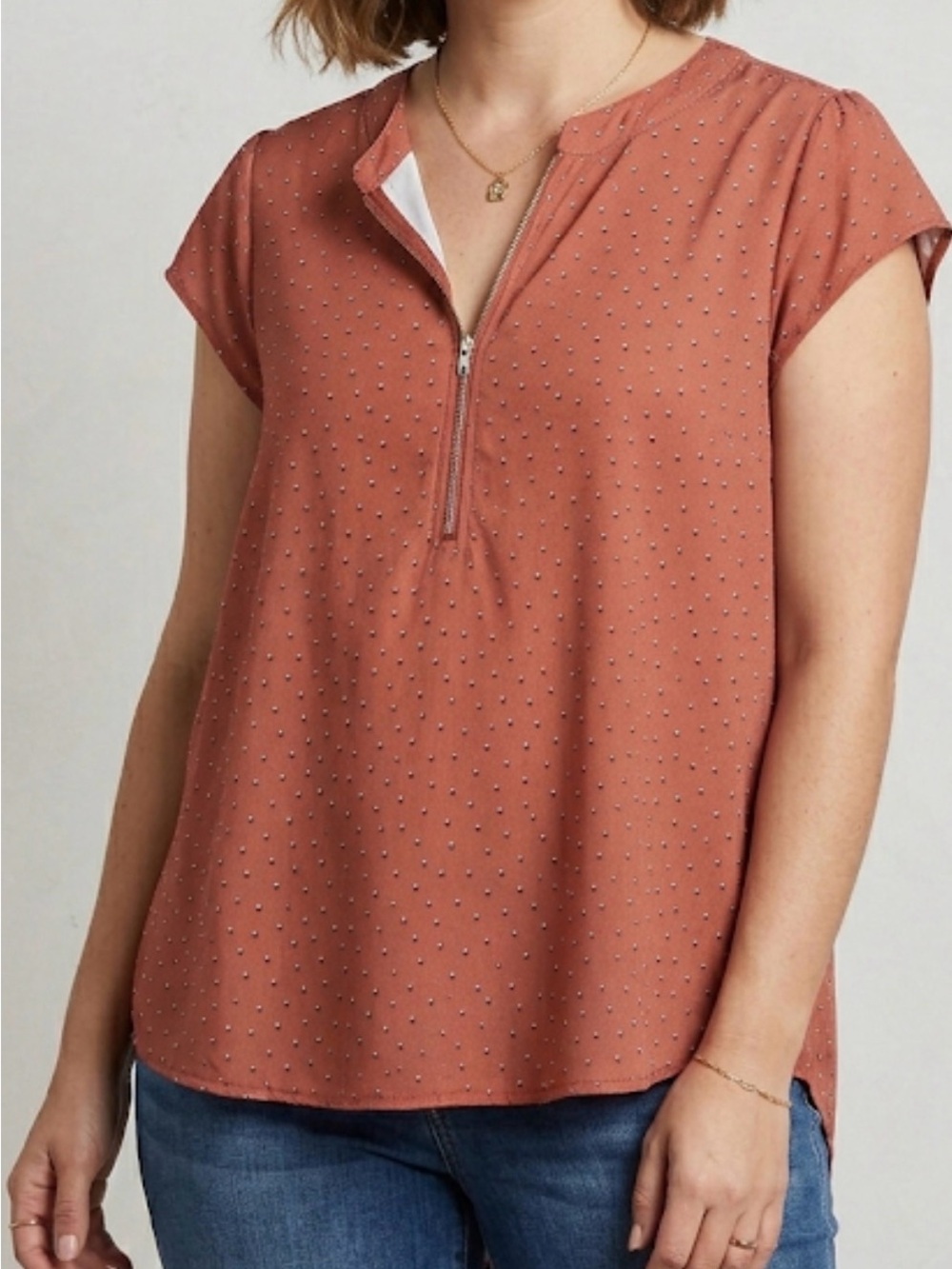 Perch By Blu Pepper Zip-Front Rust Dot Cap-Sleeve Blouse 2XL